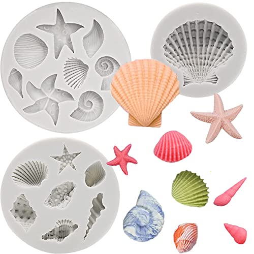 AFINSEA 3 PCS Marine Theme Cake Fondant Silicone Mold Seashell Conch Starfish Coral Baking Molds for DIY Cake Decoration Chocolate Candy Polymer Clay Crafting Projects