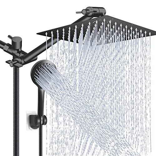 Shower Head Combo,10 Inch High Pressure Rain Shower Head with 11 Inch Adjustable Extension Arm and 5 Settings Handheld Powerful Shower Spray Against Low Pressure Water - Matte Black