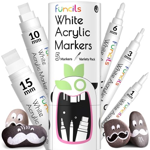 Funcils 5 Acrylic White Paint Pens - Fine & Jumbo Size Ink Pens (1mm, 3mm, 6mm, 10mm, 15mm) - Permanent White Marker Ink for Rock Painting, Fabric, Tire, Metal, Wood, Canvas, Glass, Plastic, Ceramic