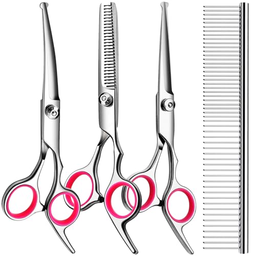 TINMARDA 5 in1 Dog Grooming Scissors Kit, Professional Dog Scissors for Grooming with Safety Round Tips, Titanium Coated Grooming Scissors Kit for Dogs Cat Pet At Home