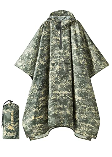 PTEROMY Hooded Rain Poncho for Adult with Pocket, Waterproof Lightweight Unisex Raincoat for Hiking Camping Emergency (Green Digi Camo 1/4 Zipper)