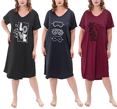 FEREMO 3 Pack Plus Size Women's Nightgown Soft Print Nightshirts for Women Short Sleeve Sleepwear (Set3,3X)