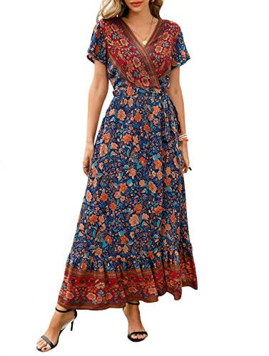 ZESICA Women's 2024 Bohemian Floral Printed Wrap V Neck Short Sleeve Split Beach Party Maxi Dress,Royal Blue,Small