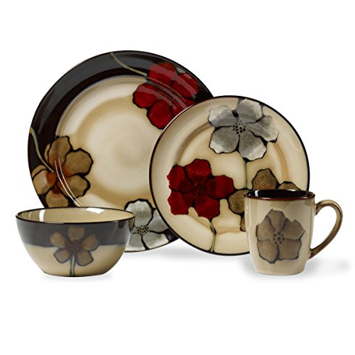 Pfaltzgraff Painted Poppies 16-Piece Stoneware Dinnerware Set, Service for 4, Tan/Assorted -