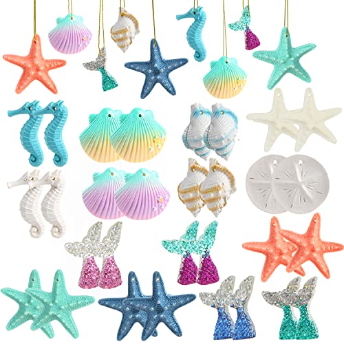 CCINEE 40 Pieces Resin Starfish Ornaments, Multicolored Christmas Ocean Themed Hanging Ornaments Pencil Finger Seashells with Ropes for Christmas Tree Beach Theme Birthday Home Decor DIY Craft Project