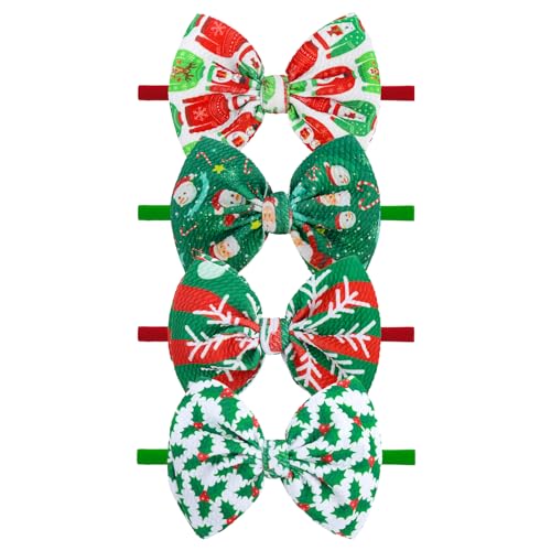 YanJie Christmas Baby Girl Headbands Cheer Bows, Red Green Printed Santa Claus Nylon Headband Elastic Snowflake Baby Bows Headband Gifts for Baby Newborn Toddler Infant