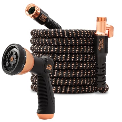 Pocket Hose Copper Bullet With Thumb Spray Nozzle AS-SEEN-ON-TV Expands to 75 ft, 650psi 3/4 in Solid Copper Anodized Aluminum Fittings Lead-Free Lightweight No-Kink Garden Hose