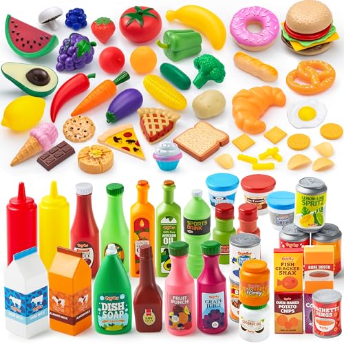 JOYIN 80 Pieces Kids Plastic Play Food Toys, Fake Food, Pretend Kitchen Playset, Toddler Imaginative Development Toys, Fun Educational Game Accessories, Christmas Bithday Gifts Party Supplies