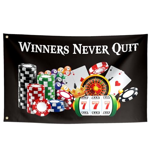 ToFlagify Winners Never Quit Funny Flags Meme Cool Flags Banner 3x5 ft Room Guys College Dorm Bedroom Man Cave Girls Wall Decor Outdoor Indoor Hilarious Flag Black, Two Copper Grommets