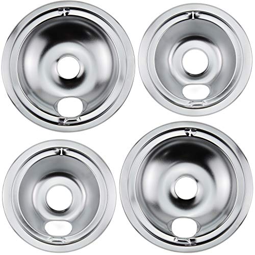 WB31T10010 WB31T10011 Chrome Range Drip Pans - Compatible for GE Hotpoint Ken-more Electric Range with Locking Slot - Includes 2 6-Inch and 2 8-Inch Drip Bowl Pans - 4 Pack (Chrome Plated Steel)