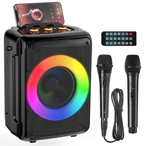 HWWR Karaoke Machine for Adults and Kids, Bluetooth Speaker with 2 Microphones, Portable Party Karaoke Speaker with DJ Lights Support REC, PA System Best Gift for Brithday etc