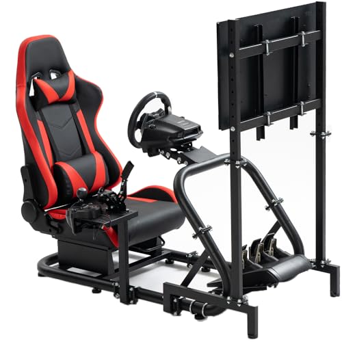 Supllueer Racing Cockpit Stand with Monitor Mount,Racing Wheel Stand with Red Seat fit for Logitech G25 G27 G29 G920, Thrustmaster T248, No Steering Wheel Shift Lever Pedal Display