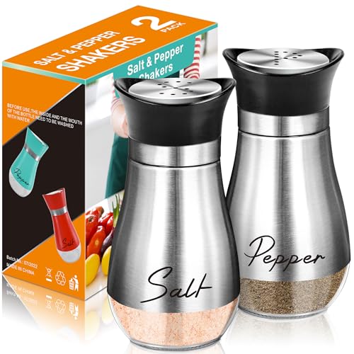 Salt and Pepper Shakers Set,4 oz Glass Bottom Salt Pepper Shaker with Stainless Steel Lid for Kitchen Gadgets Cooking Table, RV, Camp,BBQ Refillable Design (Silver)