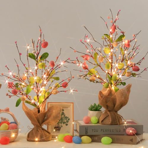 Vanthylit Easter Decorations, 2 Pack Easter Tree with Colorful Eggs, Battery Powered LED Tree Lights, Artificial Tabletop Centerpiece Lighted Tree for Holiday Party Spring Home Decor