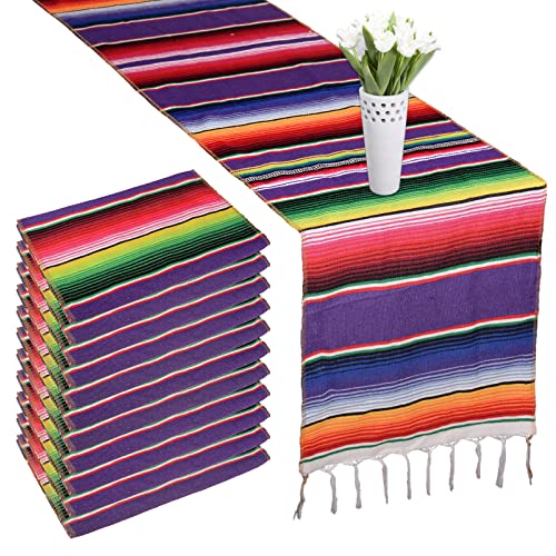 LGHSPOM 12 Packs Mexican Blanket Serape Table Runner Colorful Striped Fringe Cotton Table Runner for Mexican Birthday Party Wedding Holiday Decorations Pack of 12-14x84