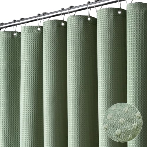 Dynamene Sage Green Shower Curtain - Waffle Textured Heavy Duty Thick Fabric Shower Curtains for Bathroom, 256GSM Luxury Weighted Polyester Cloth Bath Curtain Set with 12 Plastic Hooks，72Wx72H,Green