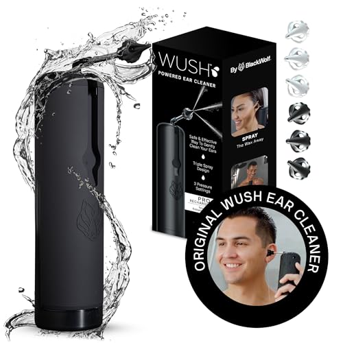 Wush Pro by Black Wolf - The Original Deluxe Water Powered Ear Cleaner with 6 Reusable Replacement Tips by Black Wolf - Safe & Effective for Ear Wax Buildup - Electric Ear Wax Removal Kit (Black)