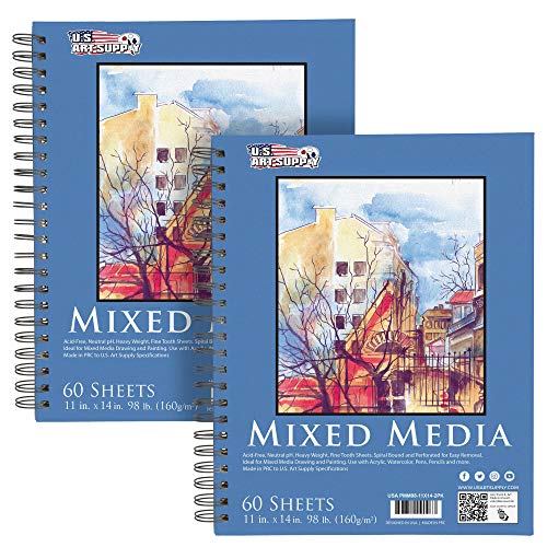 U.S. Art Supply 11' x 14' Mixed Media Paper Pad Sketchbook, 2 Pack, 60 Sheets, 98 lb (160 gsm) - Spiral-Bound, Perforated, Acid-Free - Artist Sketching, Drawing, Painting Watercolor, Acrylic, Wet, Dry