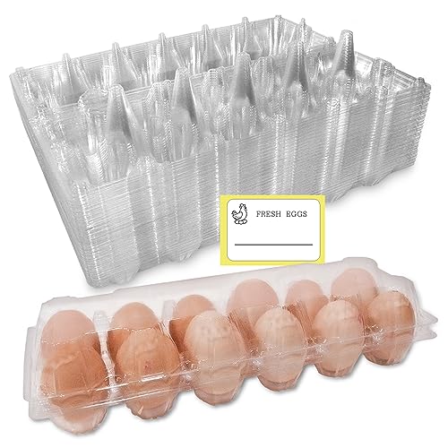 Large Plastic Egg Cartons 30 Packs with Sticker Labels for 12 Eggs, Cheap Bulk Egg Tray Egg Container Holder for Refrigerator, Storage, Family, Chicken Farm, Market, Camping