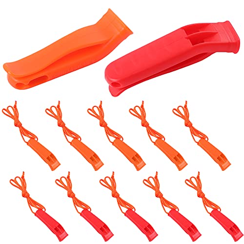 AUGSUN 10 Pcs Safety Whistle Marine Whistle Plastic Whistles with Lanyard for Emergency (Red and Orange)