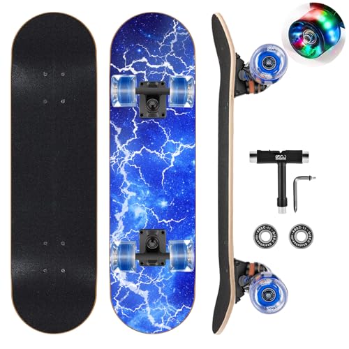 GIEEU Skateboards with Colorful Flashing Wheels for Beginners,Kids,Teens,Adults,31 x 8 Inch Complete Standard Skate Boards 9 Layer Canadian Maple Deck Concave Skateboard