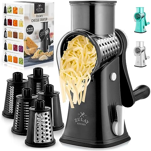 Zulay Kitchen Cheese Grater Hand Crank - Grater For Kitchen With Reinforced Suction - Rotary Cheese Grater With 5 Replaceable Stainless Steel Blades - Easy to Use & Clean - Vegetable Cutter - Black