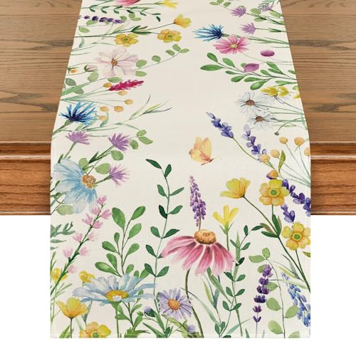 Artoid Mode Daisy Eucalyptus Lavender Floral Leaves Summer Table Runner, Spring Kitchen Dining Table Decoration for Home Party Decor 13x72 Inch