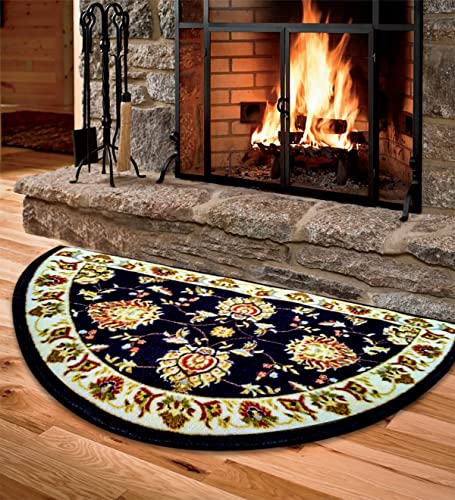 Cozy Floor Mats Fireplace Hearth Rug, Low Profile, Black Red, Half Circle, Fire Heat Resistant Mat, Half Moon Shape, Non Slip Kitchen Rug, Cabin Cottage Lodge,Traditional Design (2'2'x 3'3')… (Black)