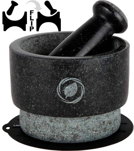 Laevo Mortar and Pestle Large Set - Black Granite Stone Spice Grinder, 2.1 Cup Capacity, 5.5' - Reversible Molcajete Mexicano - Guacamole, Pesto, Spices - Large Mortar & Pestles, Mortar and Pestle Set