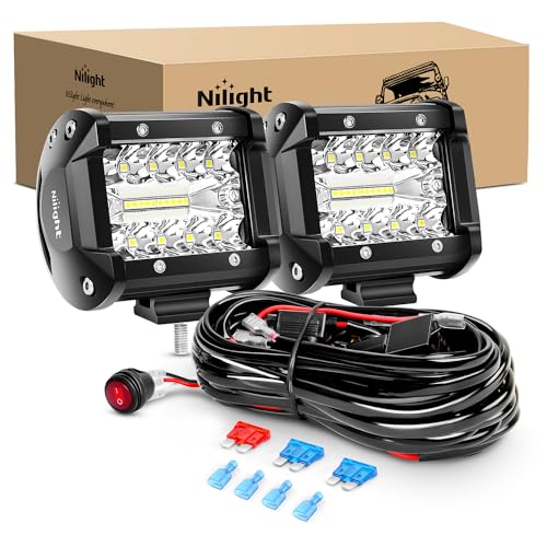 Nilight LED Light Bar 2PCS 60W 4 Inch Flood Spot Combo Work Light Pods Triple Row Driving Lamp with 12 ft Wiring Harness kit - 2 Leads,2 Year Warranty