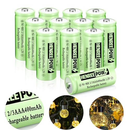 Henreepow Ni-MH 2/3AAA 1.2v 400mAh Rechargeable Batteries,Low Self-Discharge, Long Range with Button Top for Solar Lights,Length 2/3 The Size of AAA Batteries(12 Pack)(Not AAA Size Batteries)