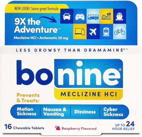 Non-Drowsy Bonine for Motion Sickness Relief, Sea Sickness, Car Sickness, Nausea and Vomiting, with Meclizine Hcl 25mg, Raspberry, Travel-Sized 16ct (Packaging May Vary)