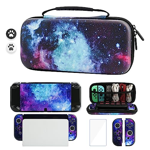 GLDRAM Starry Sky Carrying Case Compatible for Nintendo Switch OLED Console & Joy-con Controllers & Accessories, Bundle Kit with Travel Bag, Dockable Protective Skin, Screen Protector, 2 Thumb Grips