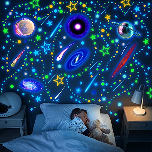 495 Pieces Glow in The Dark Moons and Stars Wall Decals for Ceiling, Removable Glowing Stars and Planets Wall Decal Sticker Glow in The Dark Galaxy Wall Decor for Kids Bedroom Living Room Nursery