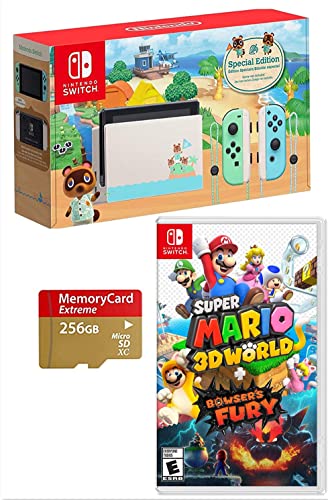 2021 Nintendo Switch Animal Crossing-New Horizons Edition Bundle ：Super Mario 3D World + Bowser's Fury + 256GB Micro SD Card