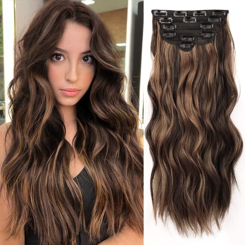 NAYOO Clip in Hair Extensions for Women 20 Inch Long Wavy Curly Dark Brown Mix Chestnut Hair Extension Full Head Synthetic Hair Extension Hairpieces (6PCS, Dark Brown Mix Chestnut)