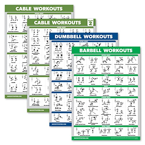4 Pack - Cable Machine Workout Posters Volume 1 & 2 + Dumbbell Exercises + Barbell Exercises (LAMINATED, 18' x 24')