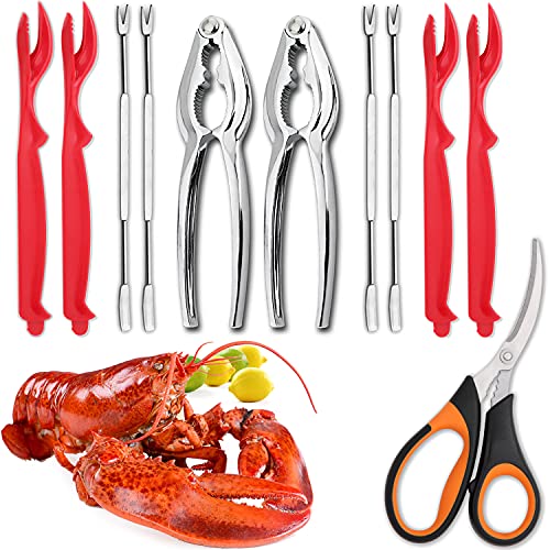 4-Person Seafood Tools Set includes 2 Crab Crackers, 4 Lobster Shellers, 4 Crab Leg Forks/Picks and 1 Seafood Scissors - Nut Cracker Set