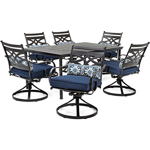 Hanover Montclair 7-Piece Outdoor Swivel Rockers, Navy Blue Cushions and Stamped Steel Rectangular Table, Dining Set for 6, Premium All-Weather Patio Furniture for Deck, 7PC