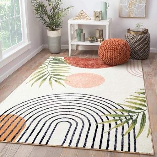 RoomTalks Mid Century Modern Washable Rug, Boho Cute Aesthetic 5x7 Area Rugs for Bedroom Dining Living Room Kitchen, Abstract Tropical Leaves Non Slip Thin Indoor Entryway Rug Accent Floor Carpet