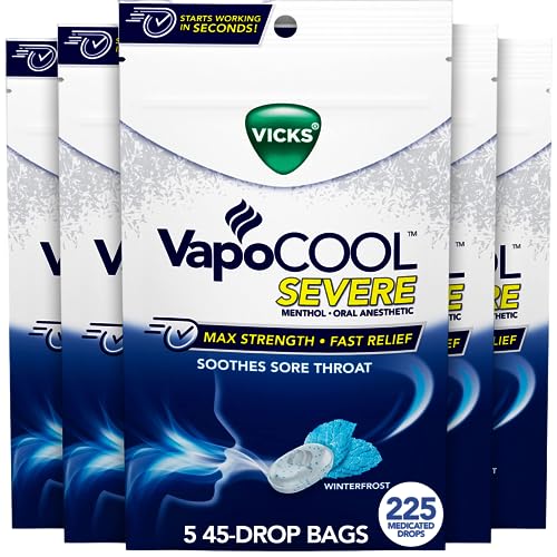 Vicks VapoCOOL Max Strength Sore Throat Drops, Fast Relief, Soothes Pain from Cough, Menthol, Winterfrost - 225ct