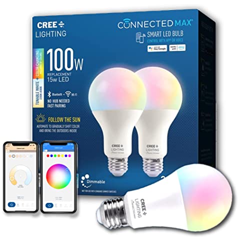 Cree Lighting Connected Max Smart Led Bulb A21 100W Tunable White + Color Changing, 2.4 Ghz, Compatible with Alexa & Google Home, No Hub Required, Bluetooth + WiFi, 2Pk, CMA21-100W-AL-9ACK-B2