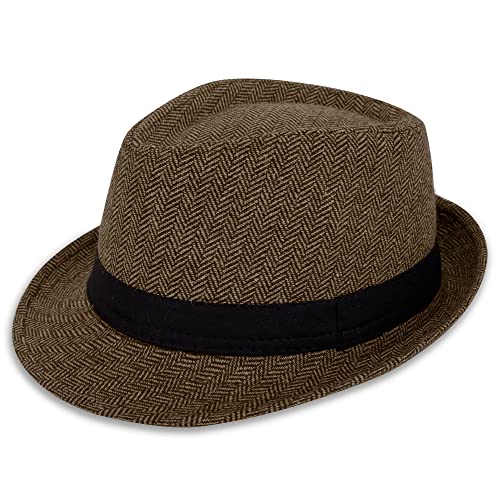 Simplicity Unisex Structured Gangster Trilby Wool Fedora Hat, 3502_Brown/Tan,One Size