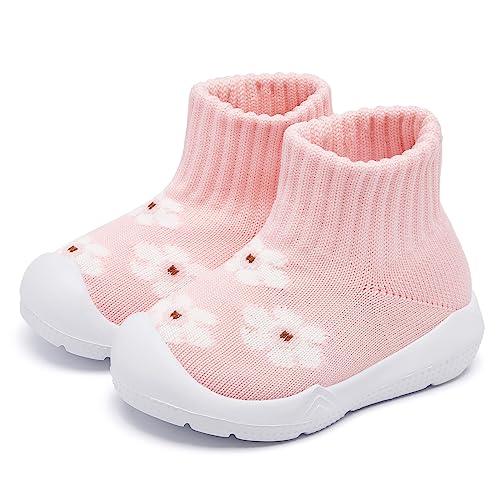 MORENDL Baby Walking Shoes Infants Slipper Socks Non-Slip First Walking Mesh Sock Shoes Slip On Sneakers for Toddler Boys Girls Pink Flower 9-12Months