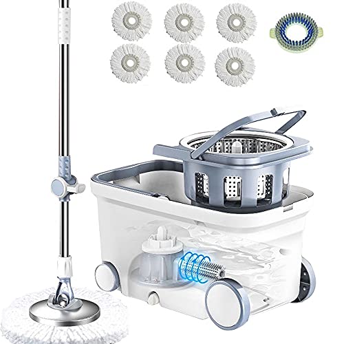 Michao Spin Mop Bucket Deluxe 360 Spinning Floor Cleaning System with 6 Microfiber Replacement Head Refills,62' Extended Handle,4X Wheel for Home Cleaning