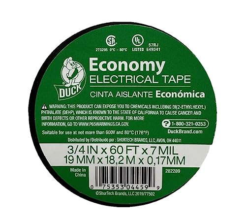 Duck Brand Economy Electrical Tape, 3/4-Inch by 60 Feet, Single Roll, Black (282289)