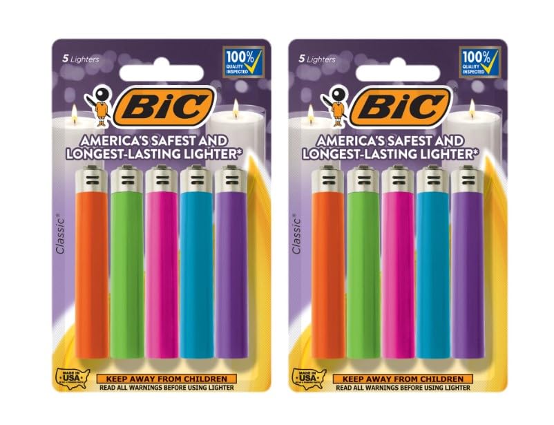 BIC Classic Lighters, Pocket Style, Lighter for Candles, Assorted Colors (Packaging May Vary), 10-Count Pack