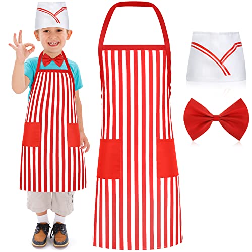 3 Pcs Kid Waiter Costume Kit Car Costume Red and White Striped Apron for Kids Adjustable Bib Aprons with 2 Pockets Soda Jerk Chef Hat Adjustable Red Bow Ties for Kids 1950s Dinner Cosplay Dress Party