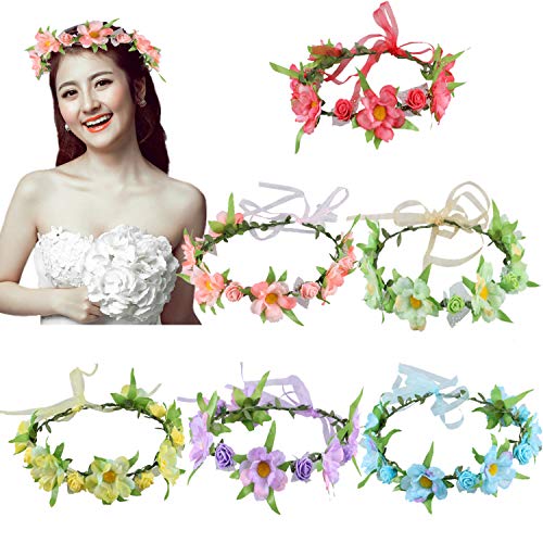 6Pcs Adjustable Boho Flower Crowns with Elastic Ribbon Floral Headbands Garland Bridal Bridesmaid Women Girls Teens Kids Headpiece for Hawaiian Party Wedding Beach Festival