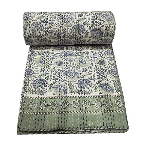 Somukara Indian Handmade Kantha Quilt Cotton Bedspread Hand Block Print Kantha Boho Bed Cover Kantha Queen Size Blanket Bedspread (Multicolor, Twin 90 x 60)